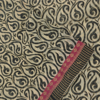 Sanskriti Vintage Sarees Cream/Black 100%Pure Cotton Print Kota Sari 5+yd Sustainable Fabric