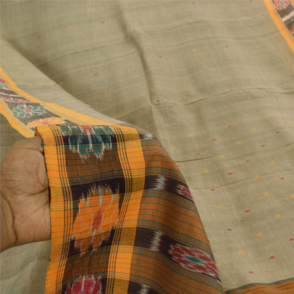 Sanskriti Vintage Sarees Gray Ikat Handwoven Odisha Pure Cotton Sari 5+yd Sustainable Fabric