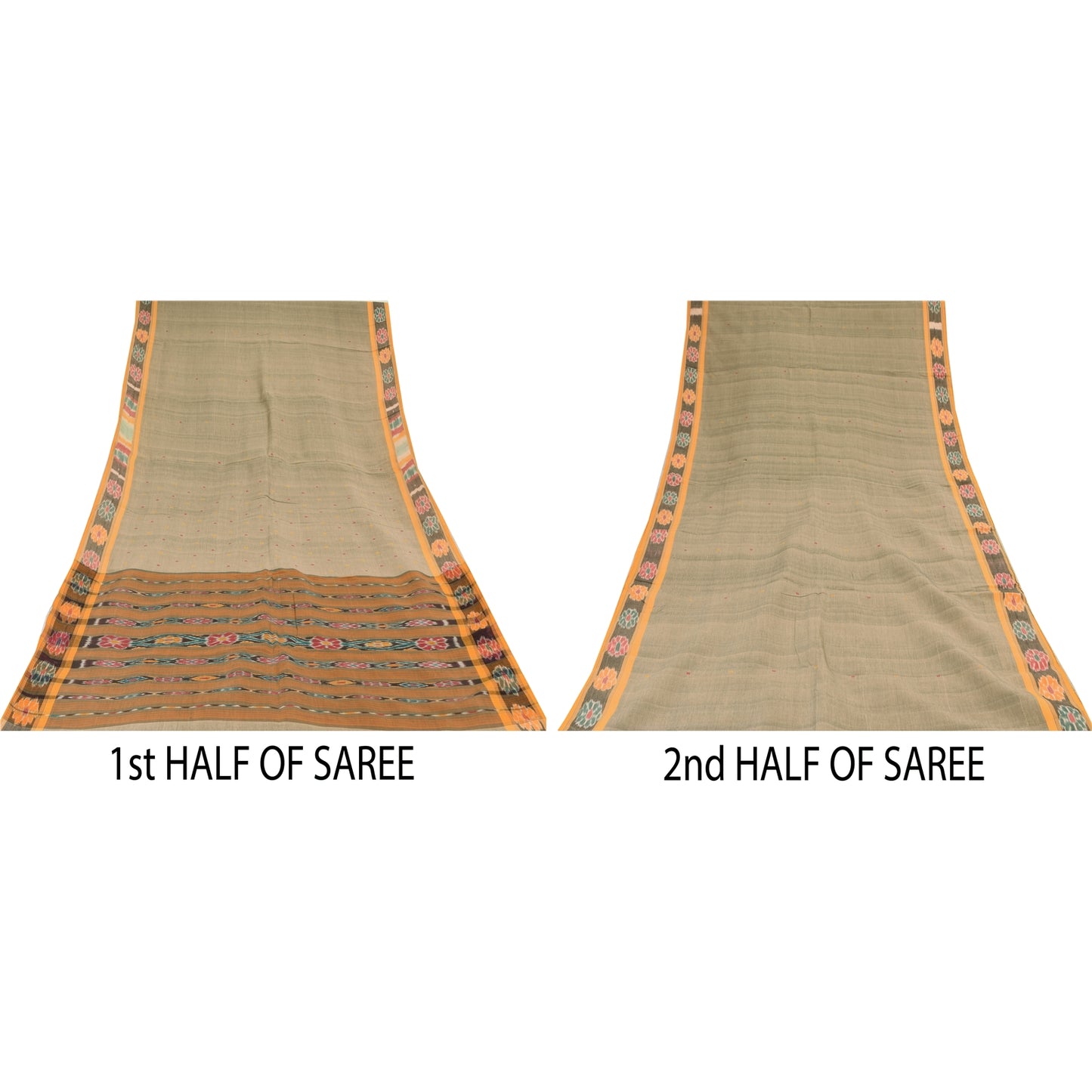 Sanskriti Vintage Sarees Gray Ikat Handwoven Odisha Pure Cotton Sari 5+yd Sustainable Fabric