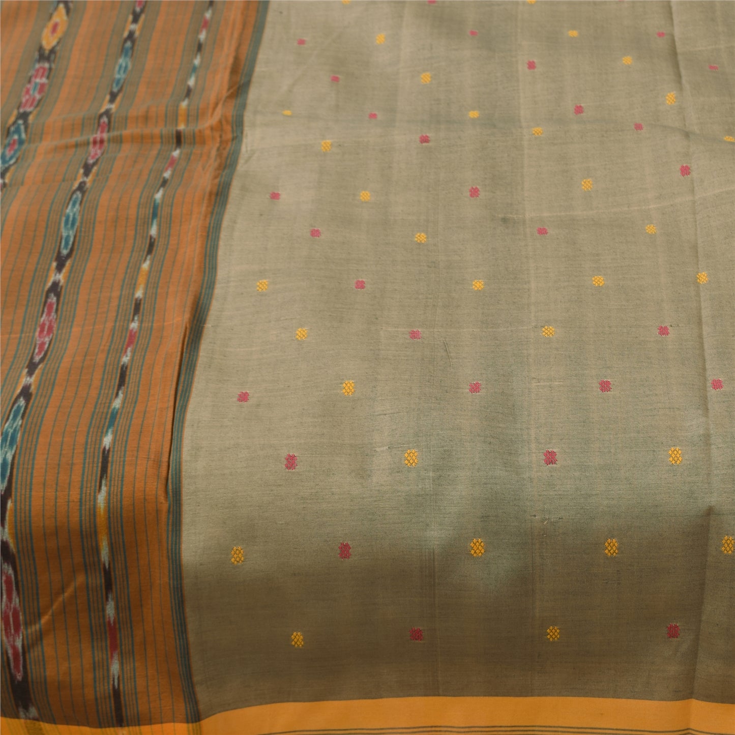 Sanskriti Vintage Sarees Gray Ikat Handwoven Odisha Pure Cotton Sari 5+yd Sustainable Fabric