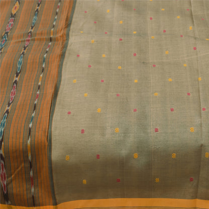 Sanskriti Vintage Sarees Gray Ikat Handwoven Odisha Pure Cotton Sari 5+yd Sustainable Fabric