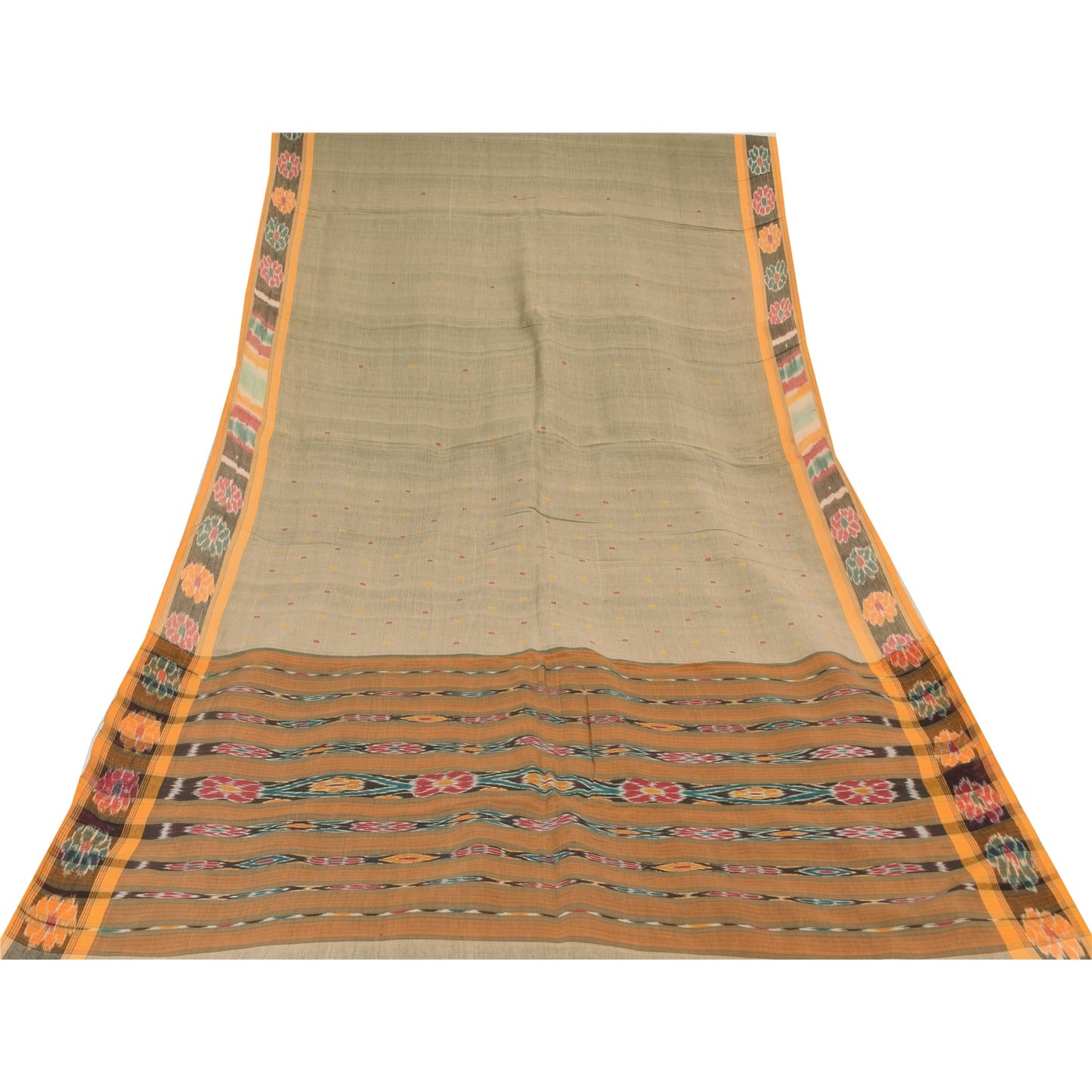 Sanskriti Vintage Sarees Gray Ikat Handwoven Odisha Pure Cotton Sari 5+yd Sustainable Fabric