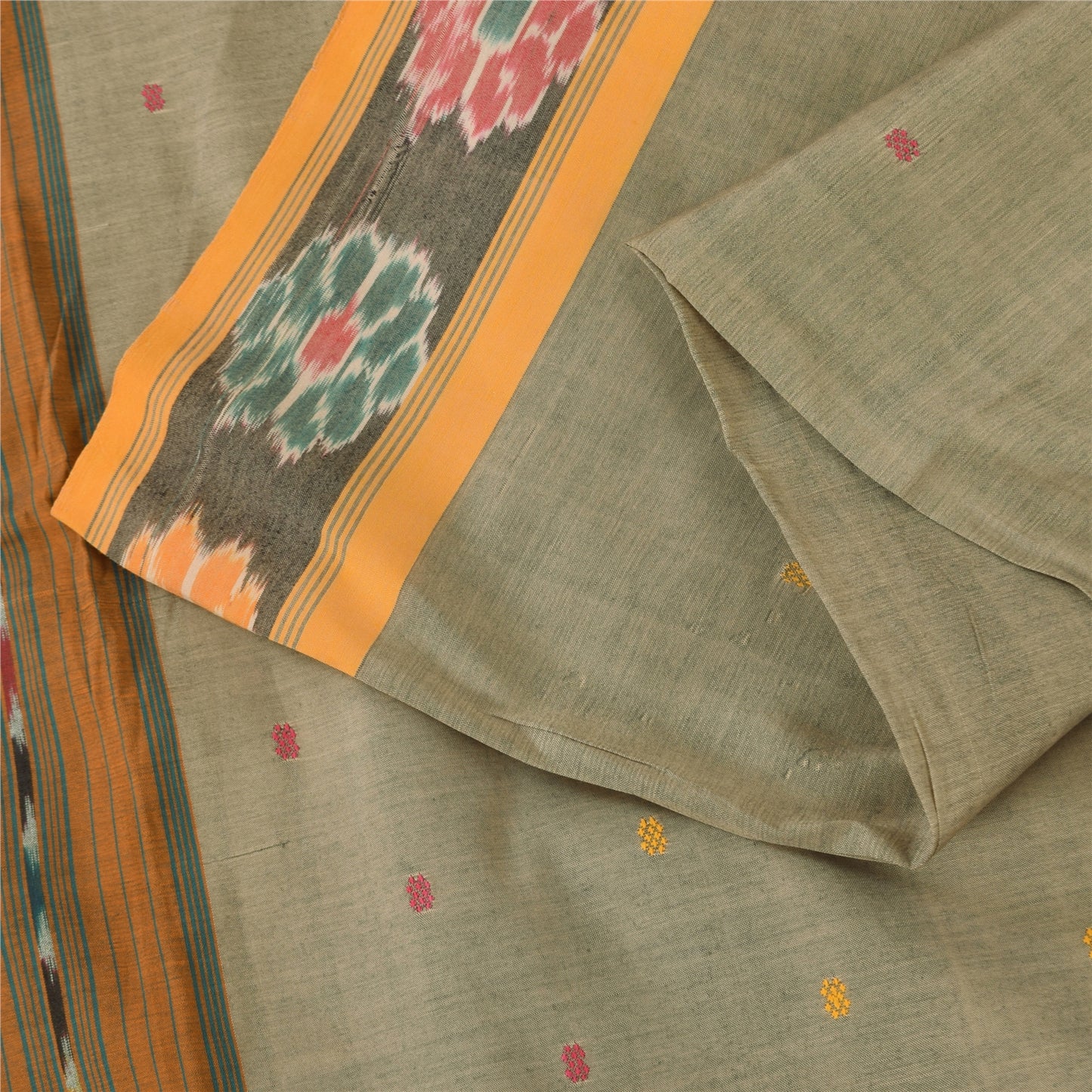 Sanskriti Vintage Sarees Gray Ikat Handwoven Odisha Pure Cotton Sari 5+yd Sustainable Fabric