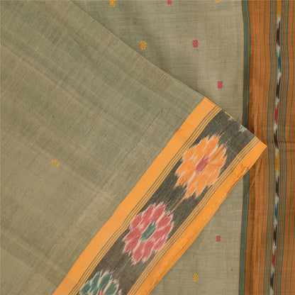 Sanskriti Vintage Sarees Gray Ikat Handwoven Odisha Pure Cotton Sari 5+yd Sustainable Fabric