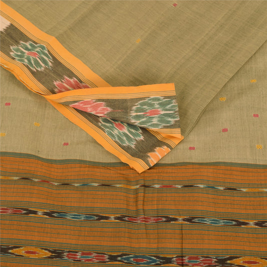 Sanskriti Vintage Sarees Gray Ikat Handwoven Odisha Pure Cotton Sari 5+yd Sustainable Fabric