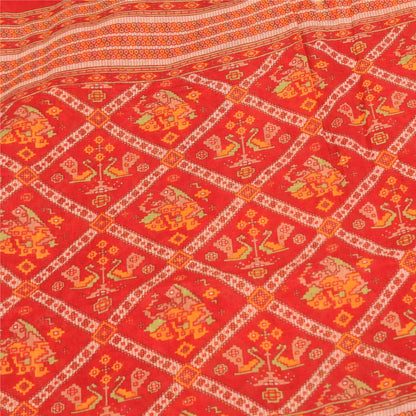Sanskriti Vintage Sarees Red Patan Patola Pure Cotton Printed Sari 5+yd Sustainable Fabric