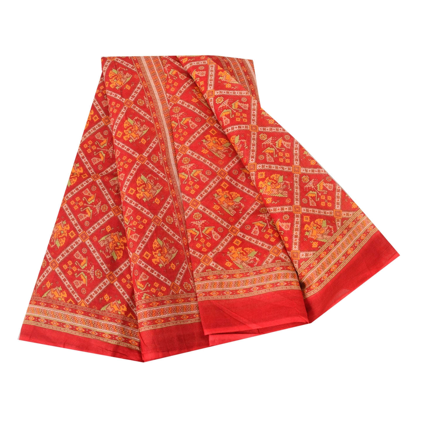 Sanskriti Vintage Sarees Red Patan Patola Pure Cotton Printed Sari 5+yd Sustainable Fabric