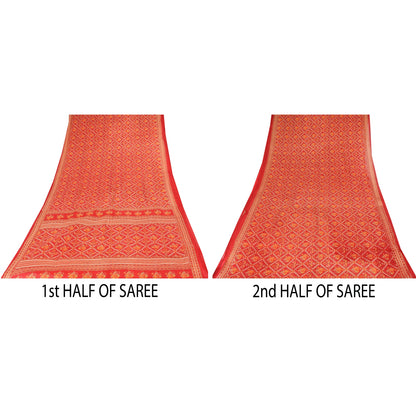 Sanskriti Vintage Sarees Red Patan Patola Pure Cotton Printed Sari 5+yd Sustainable Fabric