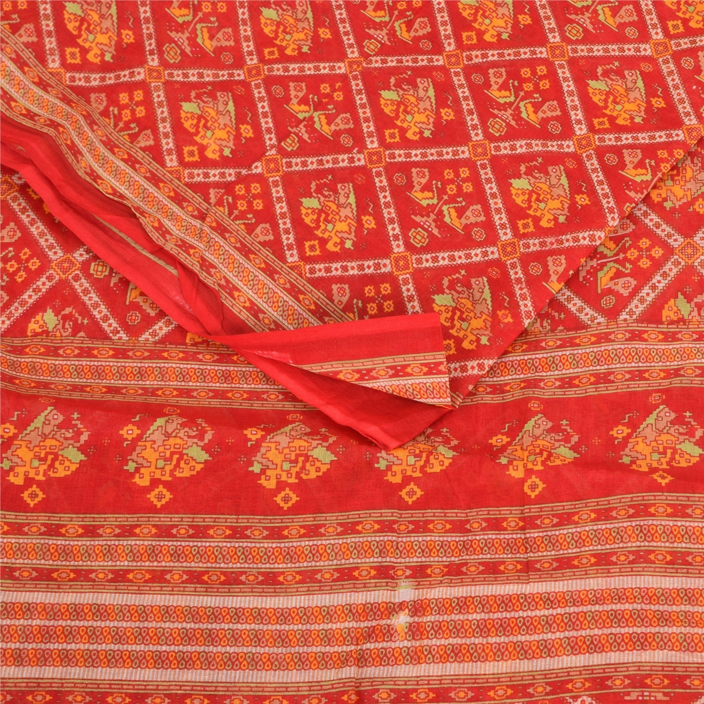 Sanskriti Vintage Sarees Red Patan Patola Pure Cotton Printed Sari 5+yd Sustainable Fabric