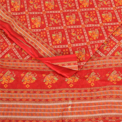 Sanskriti Vintage Sarees Red Patan Patola Pure Cotton Printed Sari 5+yd Sustainable Fabric