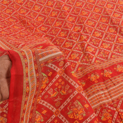 Sanskriti Vintage Sarees Red Patan Patola Pure Cotton Printed Sari 5+yd Sustainable Fabric