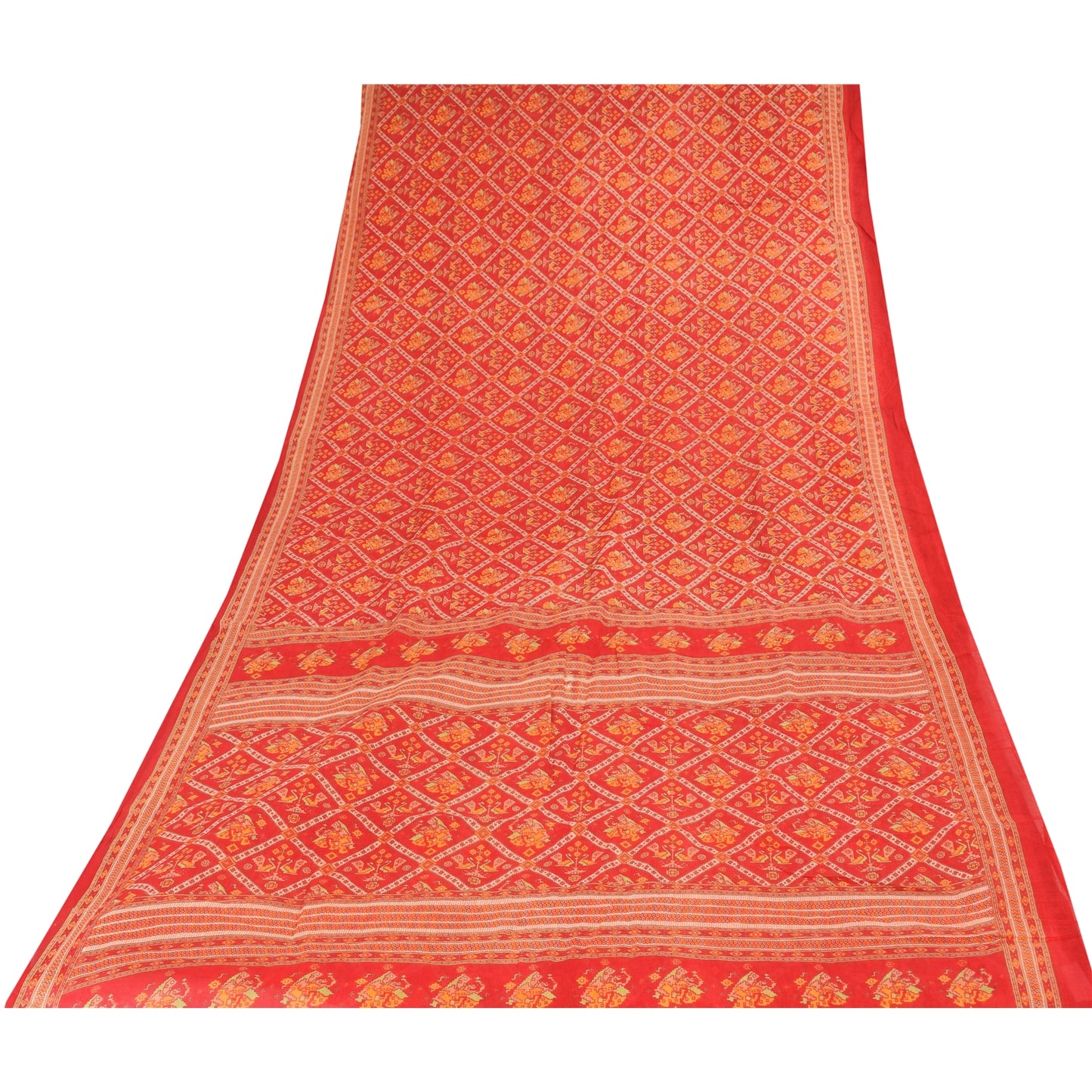 Sanskriti Vintage Sarees Red Patan Patola Pure Cotton Printed Sari 5+yd Sustainable Fabric