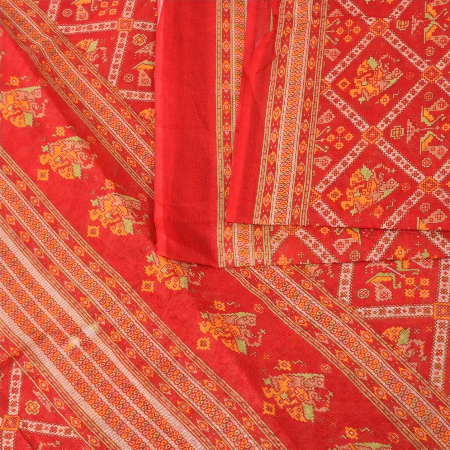 Sanskriti Vintage Sarees Red Patan Patola Pure Cotton Printed Sari 5+yd Sustainable Fabric
