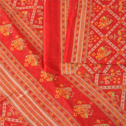 Sanskriti Vintage Sarees Red Patan Patola Pure Cotton Printed Sari 5+yd Sustainable Fabric