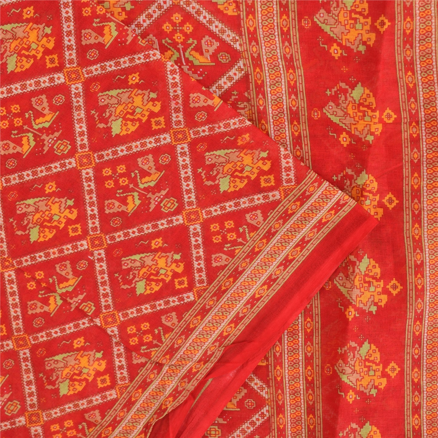 Sanskriti Vintage Sarees Red Patan Patola Pure Cotton Printed Sari 5+yd Sustainable Fabric