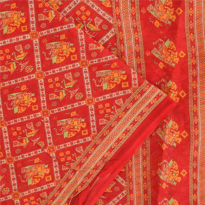 Sanskriti Vintage Sarees Red Patan Patola Pure Cotton Printed Sari 5+yd Sustainable Fabric