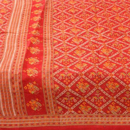Sanskriti Vintage Sarees Red Patan Patola Pure Cotton Printed Sari 5+yd Sustainable Fabric