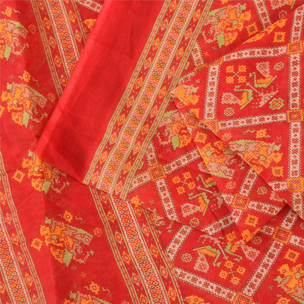 Sanskriti Vintage Sarees Red Patan Patola Pure Cotton Printed Sari 5+yd Sustainable Fabric