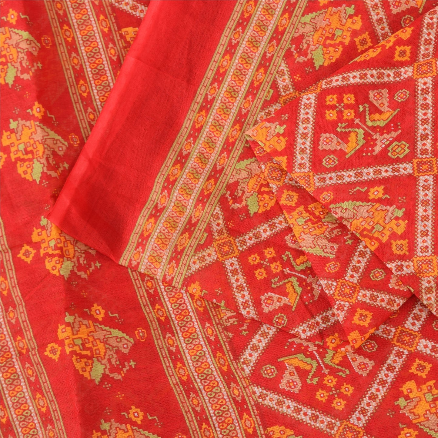Sanskriti Vintage Sarees Red Patan Patola Pure Cotton Printed Sari 5+yd Sustainable Fabric