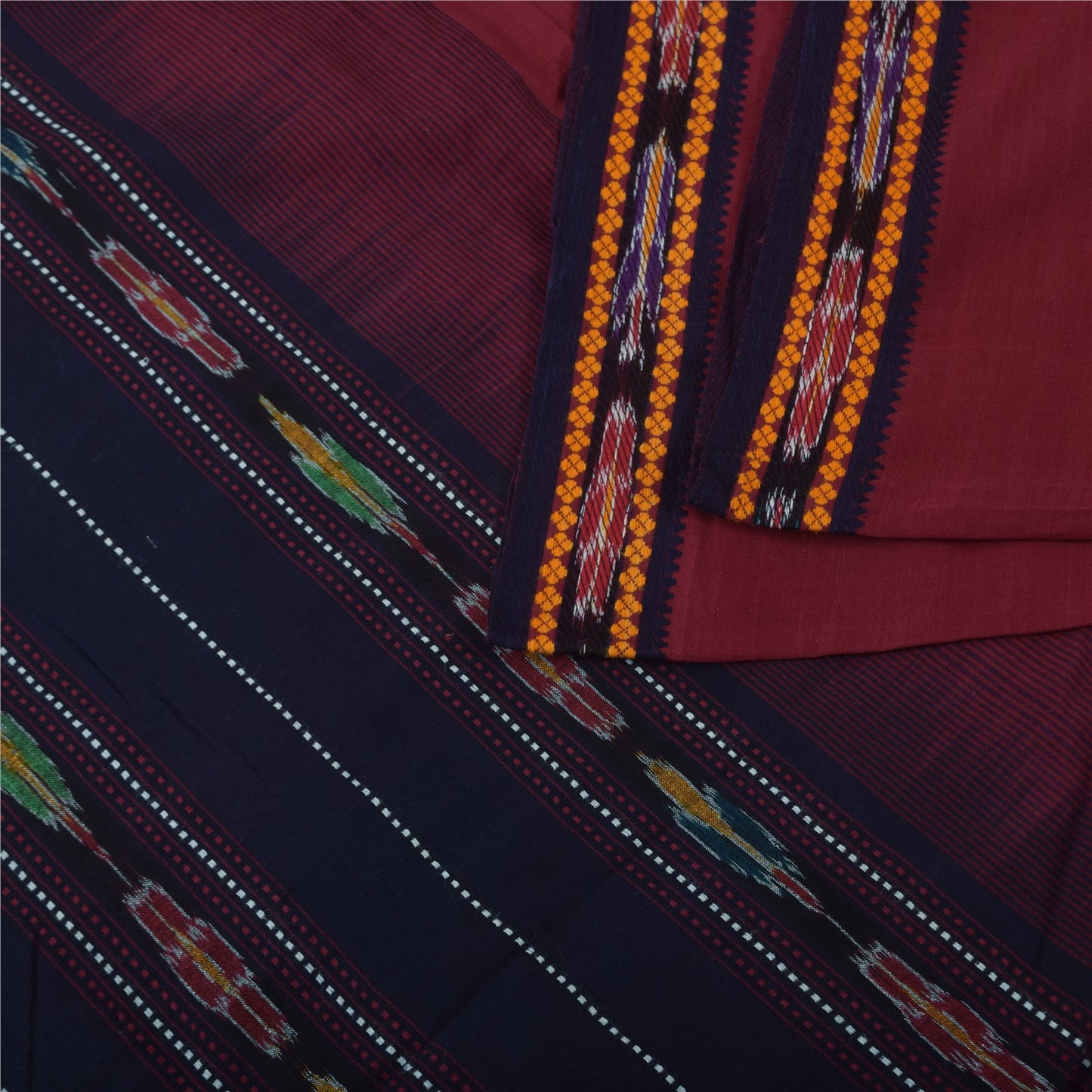 Sanskriti Vintage Sarees Red Ikat Handwoven Odisha Pure Cotton Sari 5+yd Sustainable Fabric