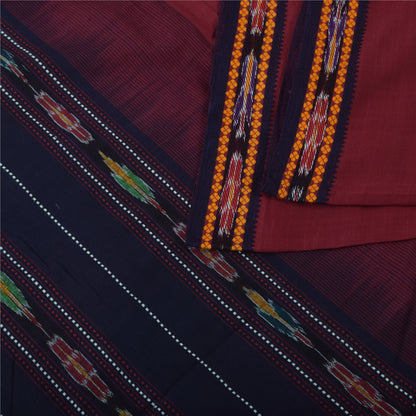 Sanskriti Vintage Sarees Red Ikat Handwoven Odisha Pure Cotton Sari 5+yd Sustainable Fabric
