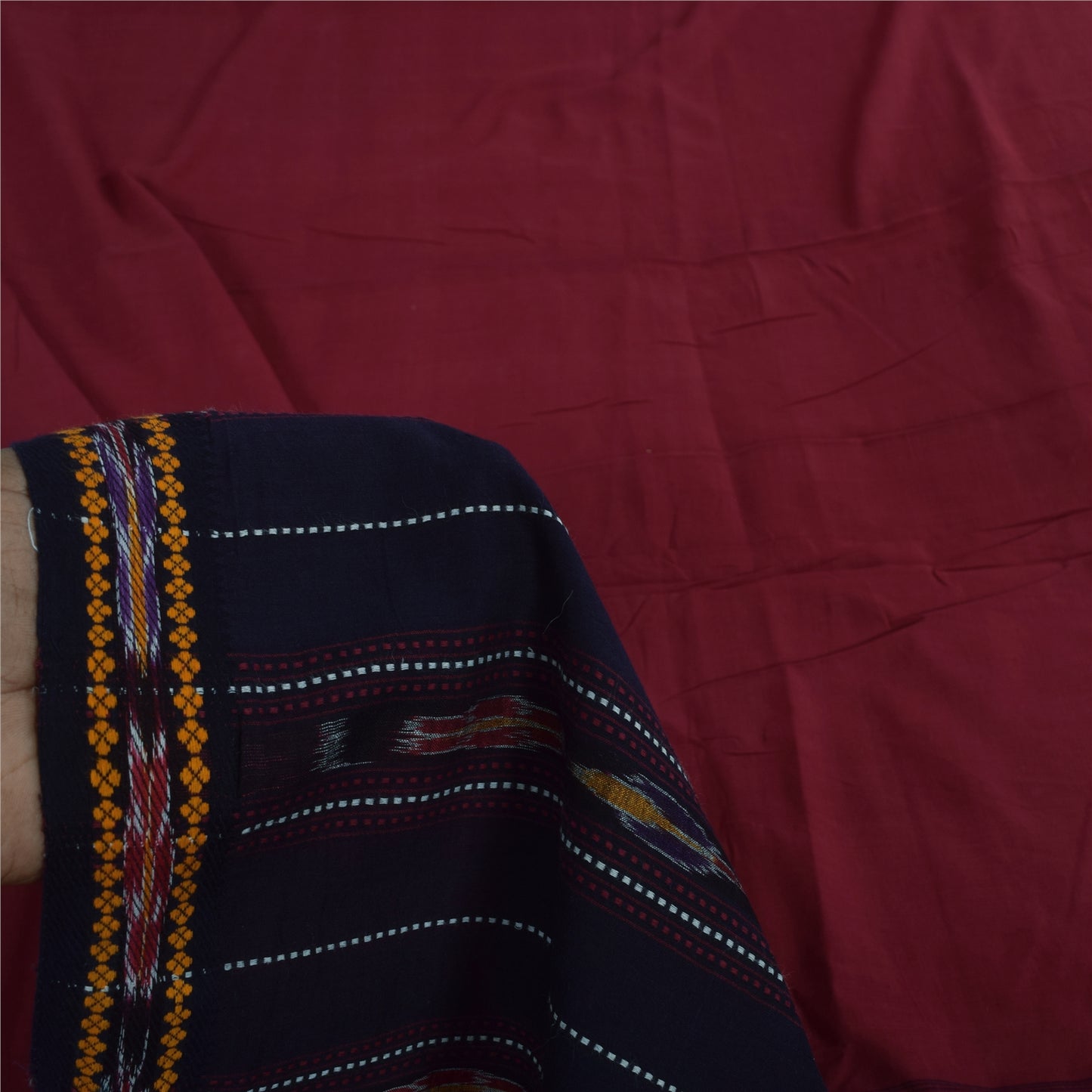 Sanskriti Vintage Sarees Red Ikat Handwoven Odisha Pure Cotton Sari 5+yd Sustainable Fabric