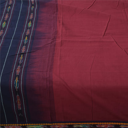 Sanskriti Vintage Sarees Red Ikat Handwoven Odisha Pure Cotton Sari 5+yd Sustainable Fabric