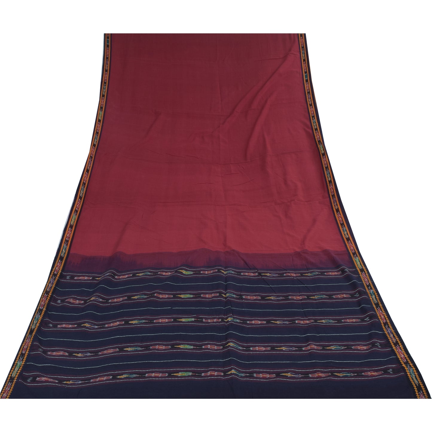 Sanskriti Vintage Sarees Red Ikat Handwoven Odisha Pure Cotton Sari 5+yd Sustainable Fabric