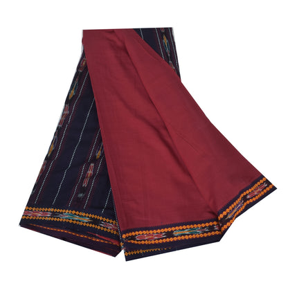 Sanskriti Vintage Sarees Red Ikat Handwoven Odisha Pure Cotton Sari 5+yd Sustainable Fabric