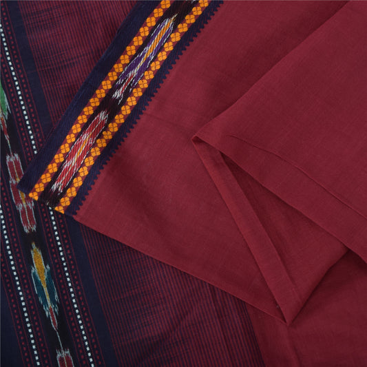 Sanskriti Vintage Sarees Red Ikat Handwoven Odisha Pure Cotton Sari 5+yd Sustainable Fabric