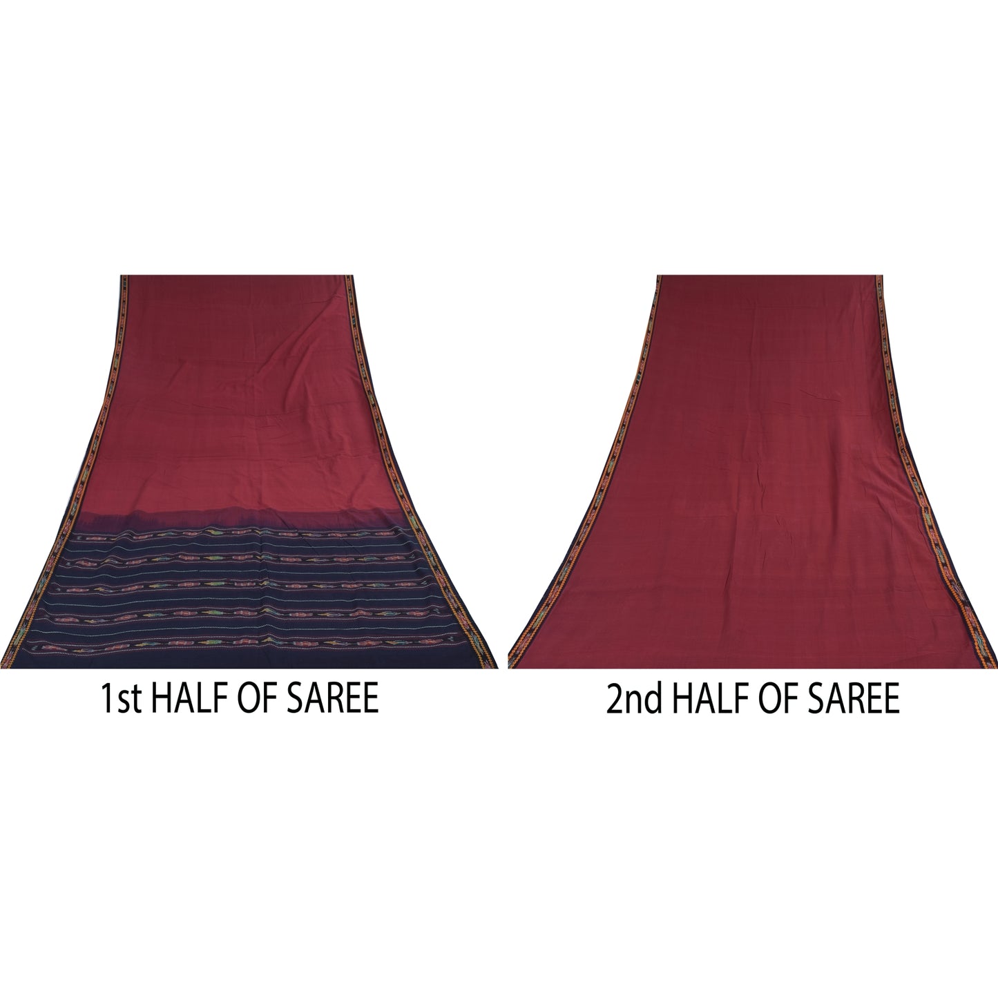 Sanskriti Vintage Sarees Red Ikat Handwoven Odisha Pure Cotton Sari 5+yd Sustainable Fabric