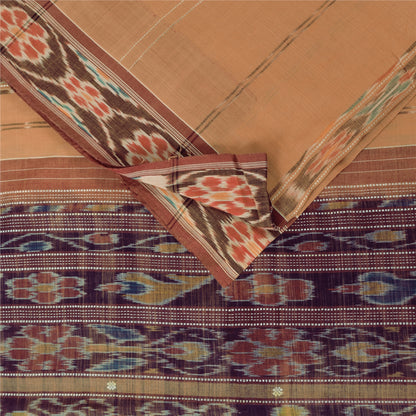 Sanskriti Vintage Sarees PeachIkat Handwoven Odisha Pure Cotton Sari 5+yd Sustainable Fabric