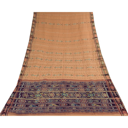 Sanskriti Vintage Sarees PeachIkat Handwoven Odisha Pure Cotton Sari 5+yd Sustainable Fabric