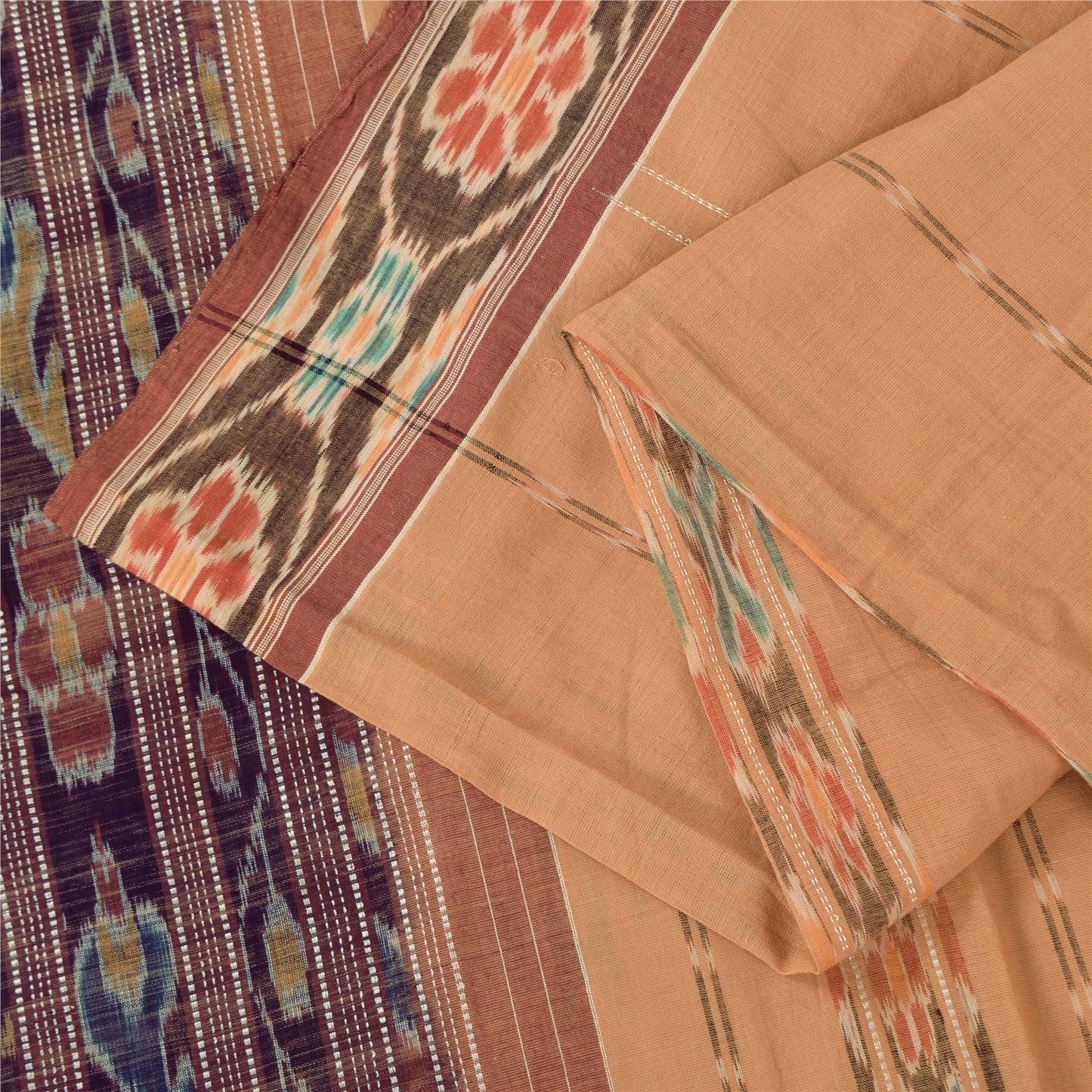 Sanskriti Vintage Sarees PeachIkat Handwoven Odisha Pure Cotton Sari 5+yd Sustainable Fabric