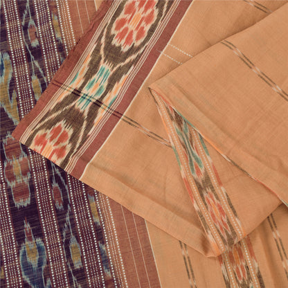 Sanskriti Vintage Sarees PeachIkat Handwoven Odisha Pure Cotton Sari 5+yd Sustainable Fabric