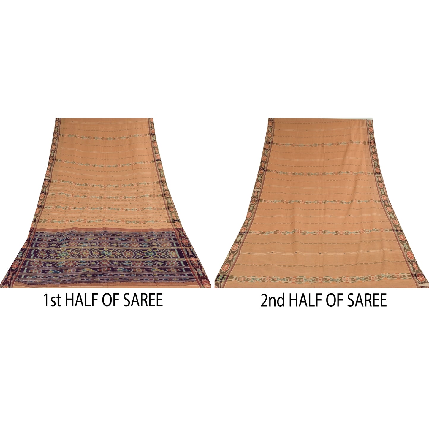 Sanskriti Vintage Sarees PeachIkat Handwoven Odisha Pure Cotton Sari 5+yd Sustainable Fabric