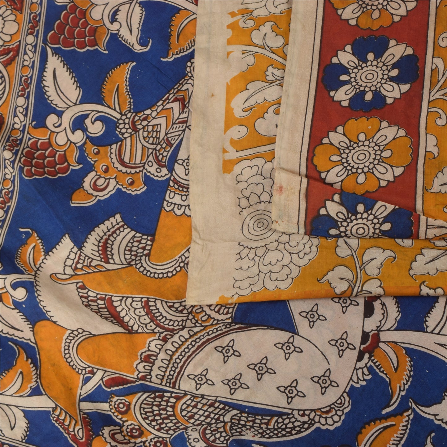 Sanskriti Vintage Sarees Red Kalamkari Handmade Pure Cotton Sari 5+yd Sustainable Fabric