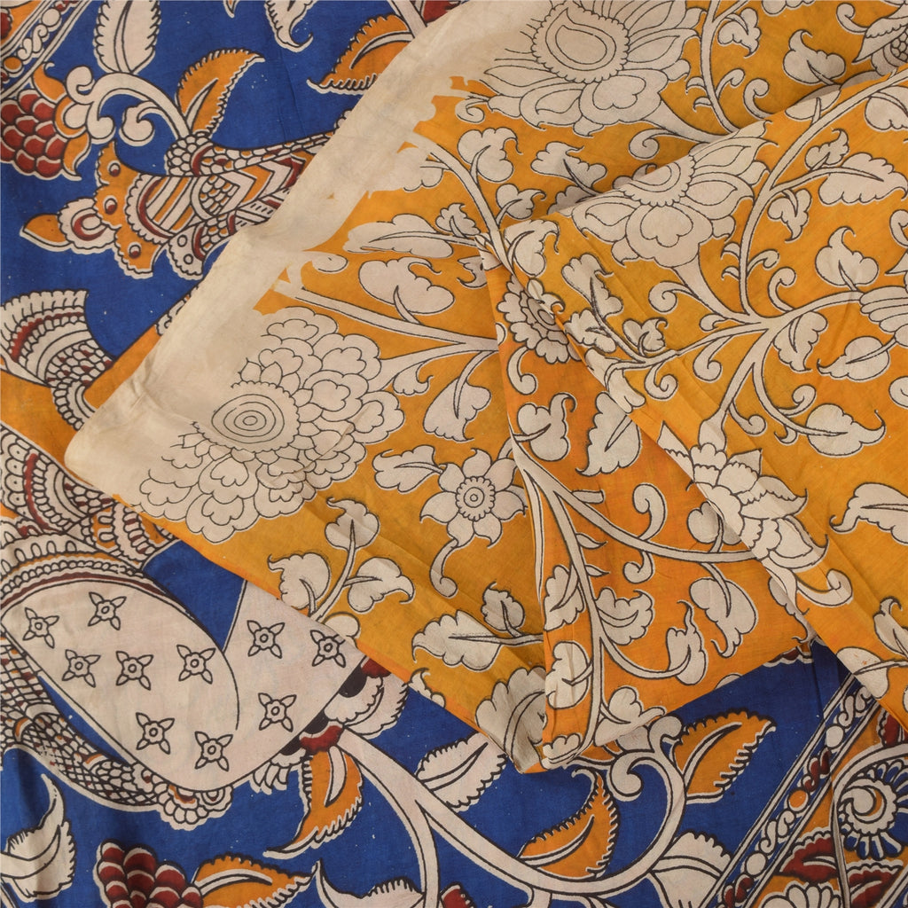 Sanskriti Vintage Sarees Red Kalamkari Handmade Pure Cotton Sari 5+yd Sustainable Fabric