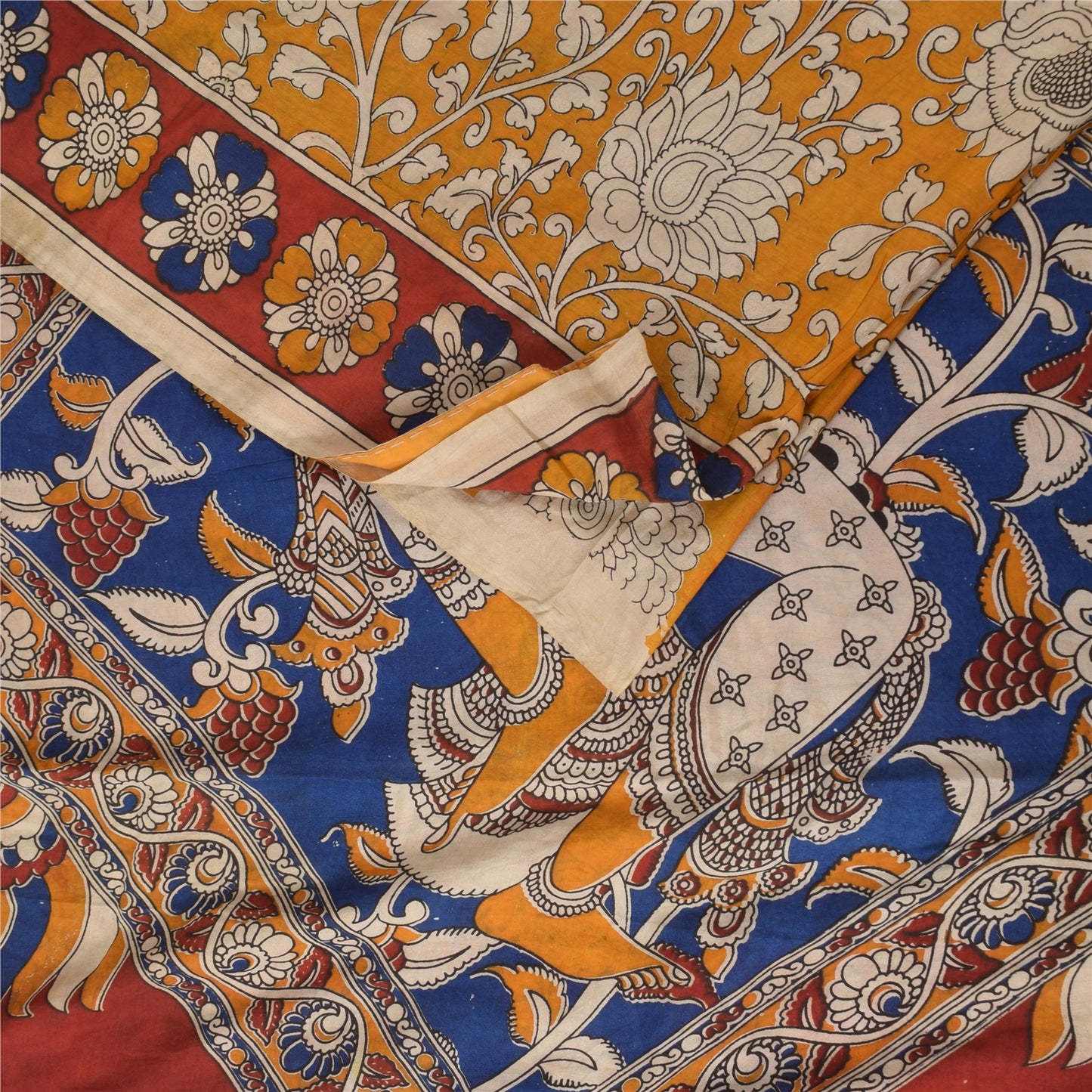 Sanskriti Vintage Sarees Red Kalamkari Handmade Pure Cotton Sari 5+yd Sustainable Fabric