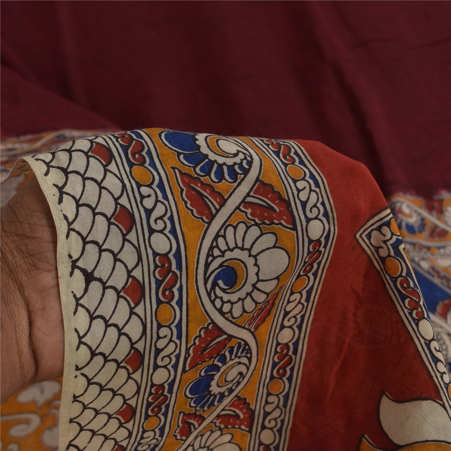 Sanskriti Vintage Sarees Red Kalamkari Handmade Pure Cotton Sari 5+yd Sustainable Fabric