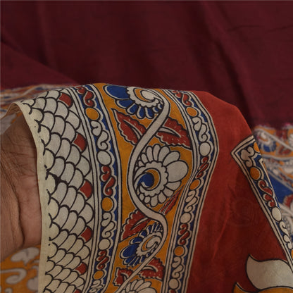 Sanskriti Vintage Sarees Red Kalamkari Handmade Pure Cotton Sari 5+yd Sustainable Fabric