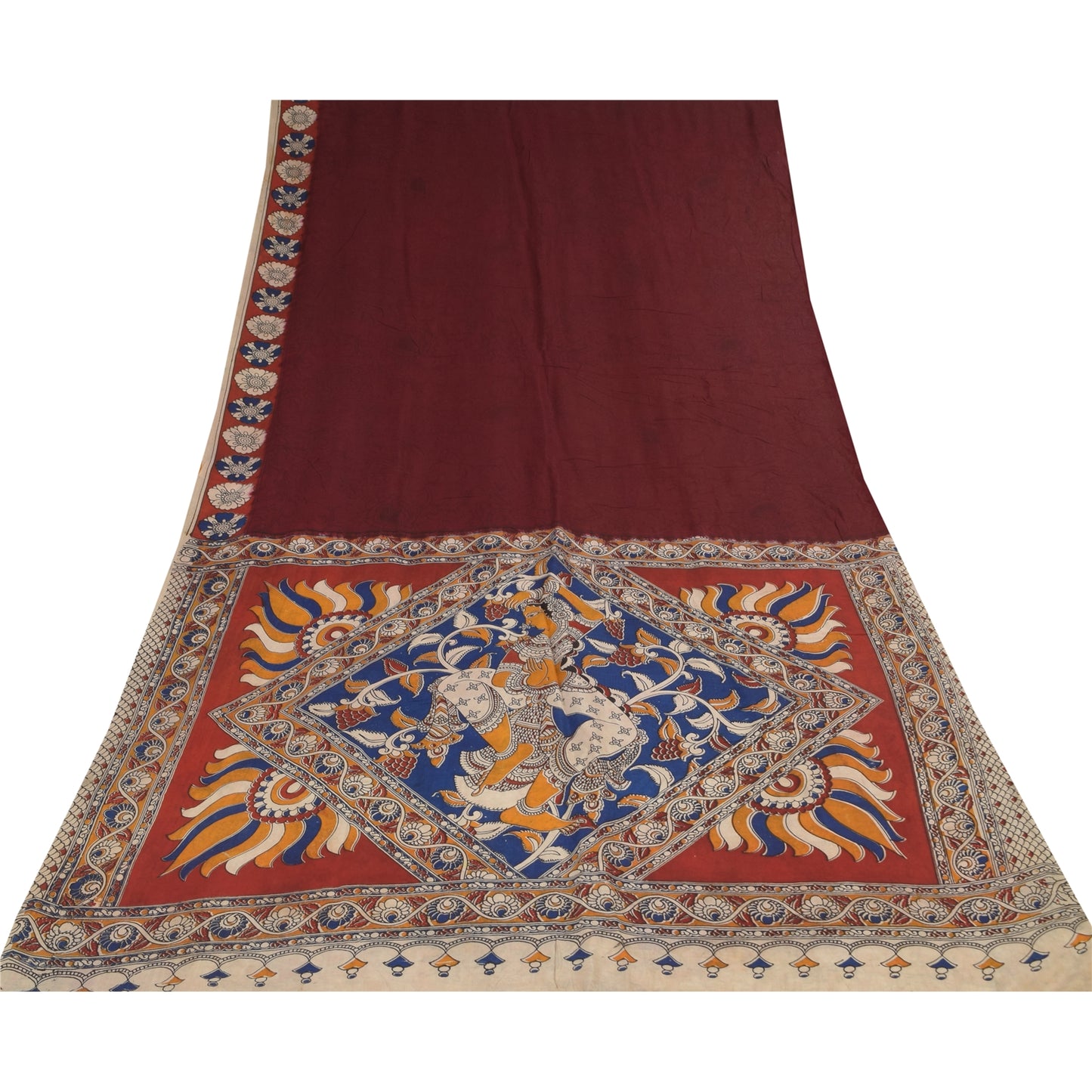 Sanskriti Vintage Sarees Red Kalamkari Handmade Pure Cotton Sari 5+yd Sustainable Fabric