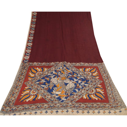 Sanskriti Vintage Sarees Red Kalamkari Handmade Pure Cotton Sari 5+yd Sustainable Fabric