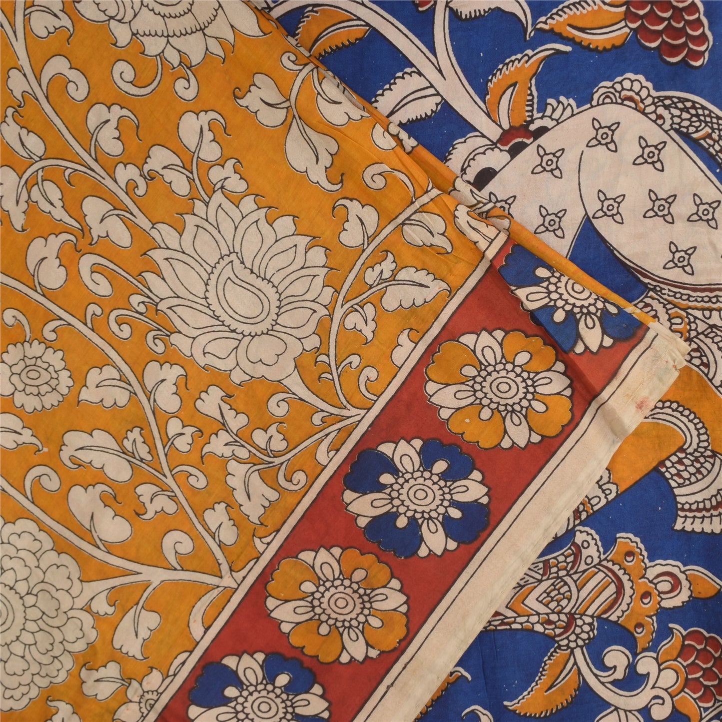 Sanskriti Vintage Sarees Red Kalamkari Handmade Pure Cotton Sari 5+yd Sustainable Fabric