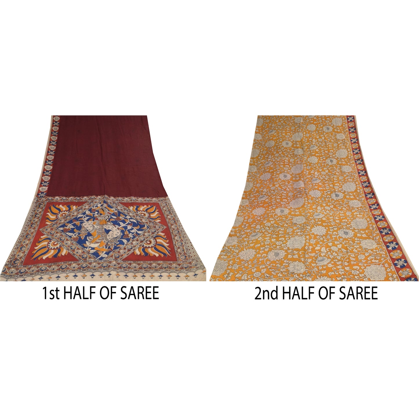 Sanskriti Vintage Sarees Red Kalamkari Handmade Pure Cotton Sari 5+yd Sustainable Fabric