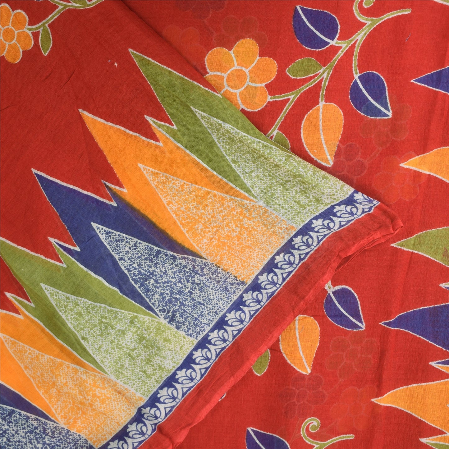 Sanskriti Vintage Sarees Indian Red Pure Cotton Printed Sari 5+yd Craft Sustainable Fabric