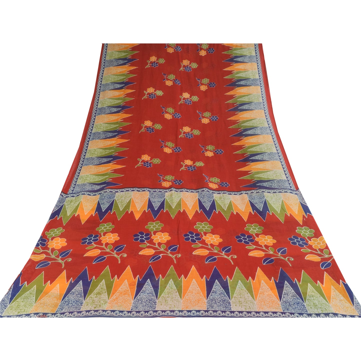 Sanskriti Vintage Sarees Indian Red Pure Cotton Printed Sari 5+yd Craft Sustainable Fabric