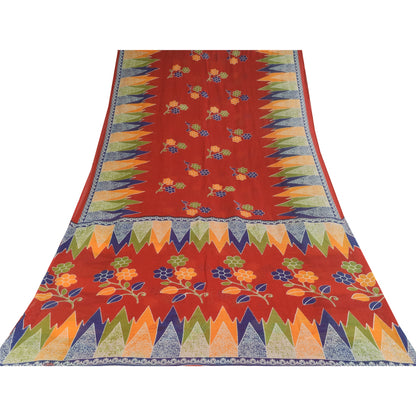 Sanskriti Vintage Sarees Indian Red Pure Cotton Printed Sari 5+yd Craft Sustainable Fabric