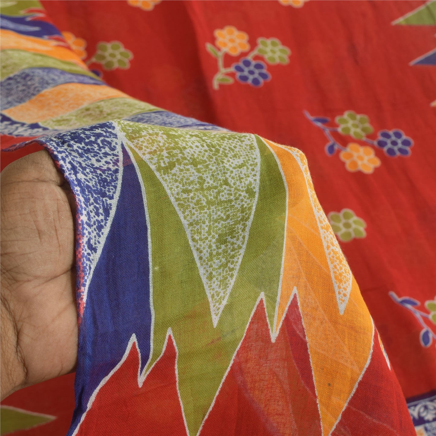 Sanskriti Vintage Sarees Indian Red Pure Cotton Printed Sari 5+yd Craft Sustainable Fabric