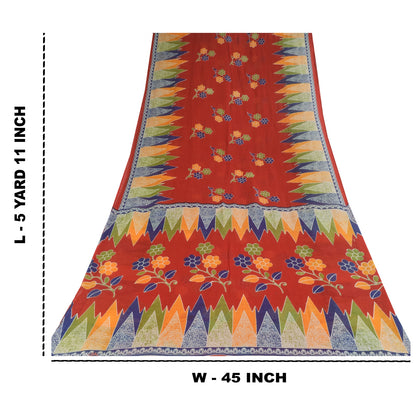 Sanskriti Vintage Sarees Indian Red Pure Cotton Printed Sari 5+yd Craft Sustainable Fabric